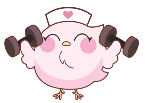三洋薬品HBCの公式キャラクター「ふうちゃん」がダンベルを持ち上げているイラスト