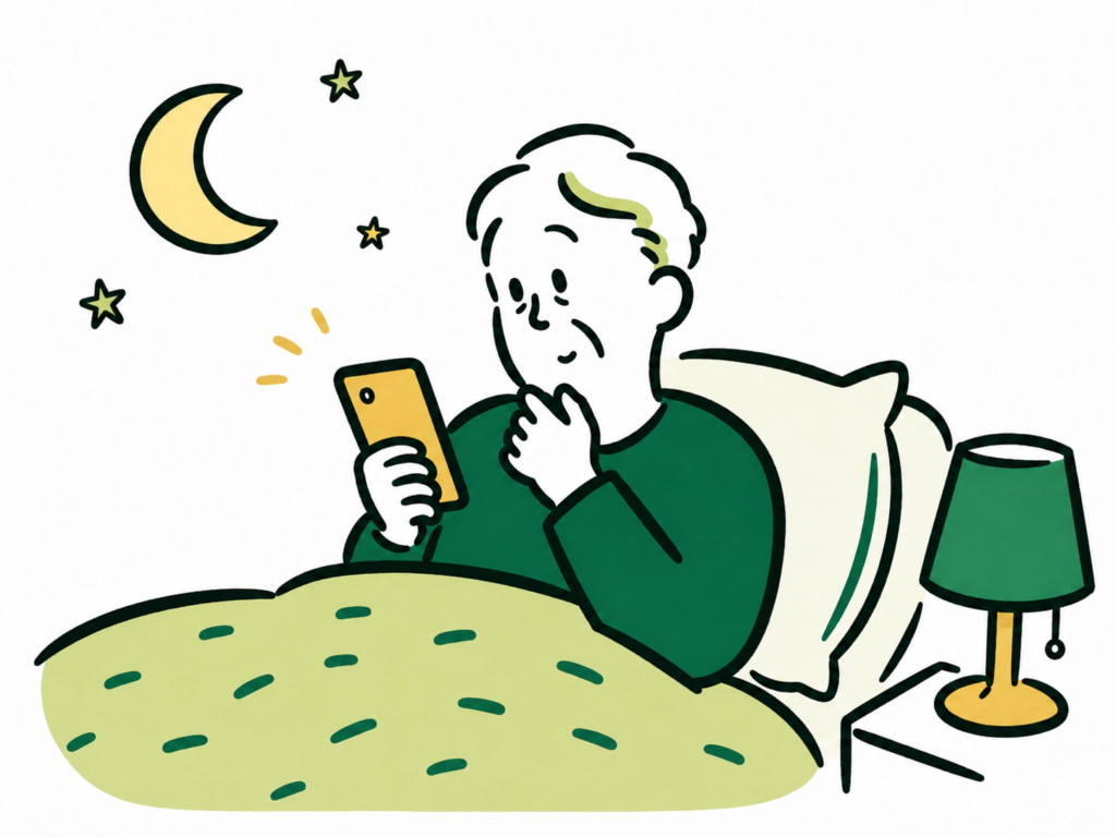 夜、布団の中でスマートフォンを操作する高齢の男性。
