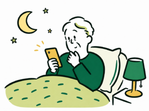 夜、布団の中でスマートフォンを操作する高齢の男性。