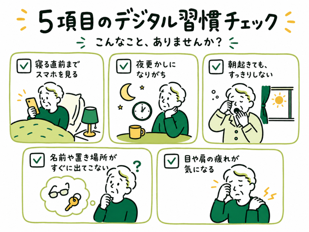 5項目のデジタル習慣チェック。寝る直前のスマホ、夜更かし、朝の目覚めの悪さ、物忘れ、目や肩の疲れの5項目。
