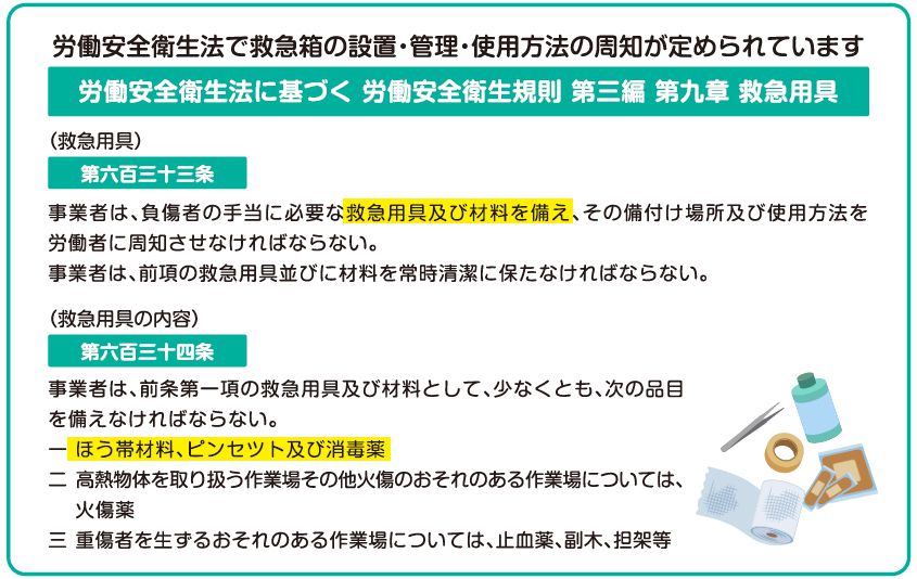 労働安全衛生で救急箱の設置・管理・使用方法の周知が定められています。 労働安全衛生法に基づく労働安全衛生規則第三編第九章救急用具 （救急用具） 第六百三十三条 事業者は、負傷者の手当てに必要な救急用具及び素材を備え、その備付け場所及び使用方法を労働者に周知させなければならない。 （救急用具の内容） 第六百三十四条 事業者は、前条第一項の救急用具及び材料として、少なくとも、次の品目を備えなければならない。 一ほう帯材料、ピンセット及び消毒薬 二高熱物体を取り扱う作業場その他火傷のおそれのある作業場については、火傷薬 三重傷者を生ずるおそれのある作業場については、止血薬、副木、担架等