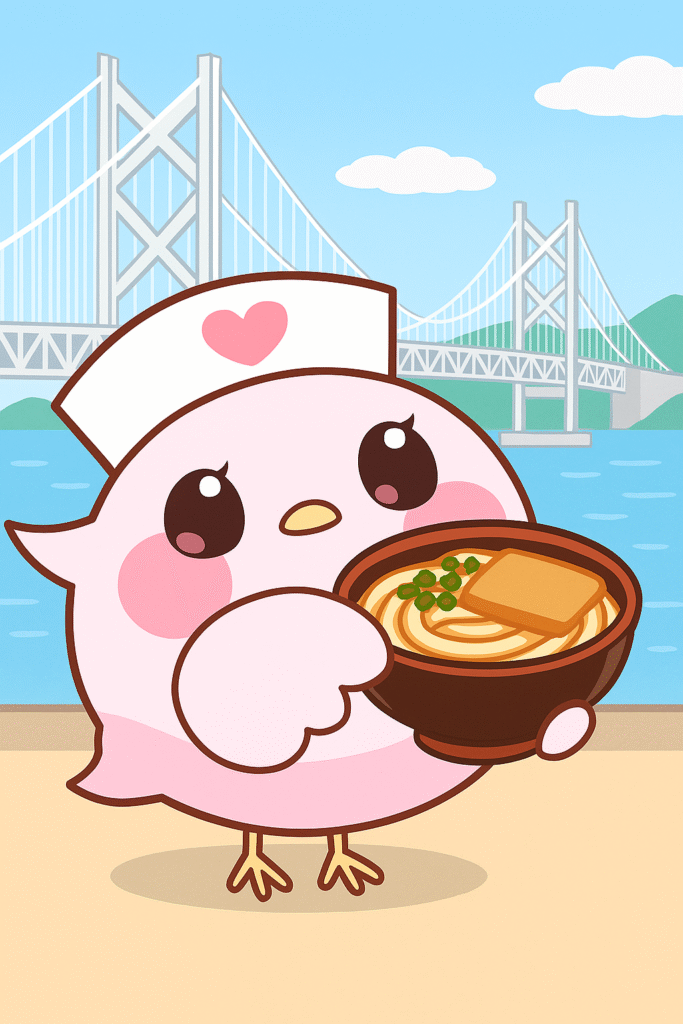 三洋薬品HBCのキャラクター「ふーちゃん」が瀬戸大橋で讃岐うどんを食べています