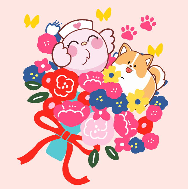 ふーちゃんと花と犬のイラスト